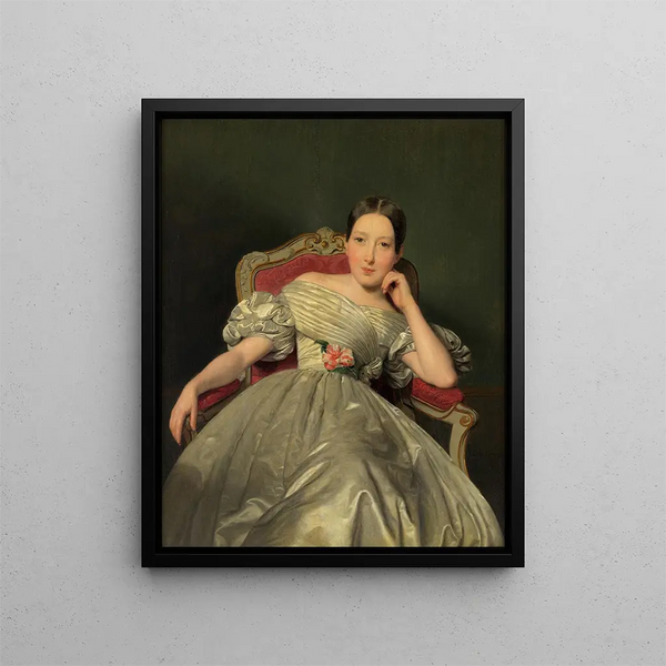 a girl sitting in a white satin dress - Ferdinand Georg Waldmüller — framed artwork on a wall