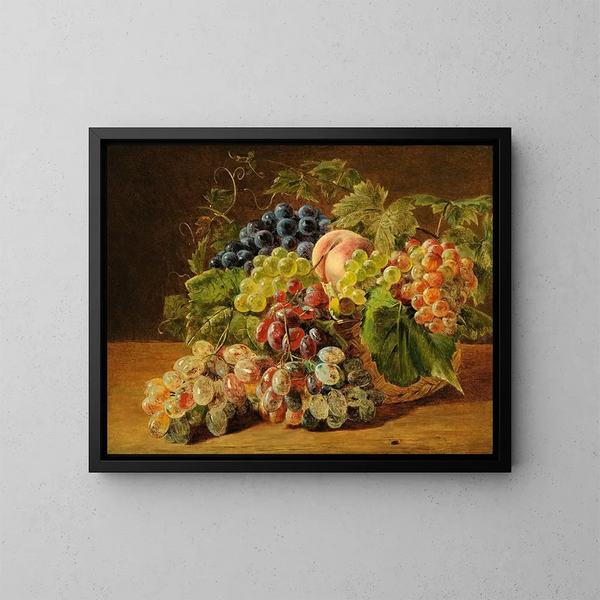 Still life with peaches and grapes - Ferdinand Georg Waldmüller — framed artwork on a wall