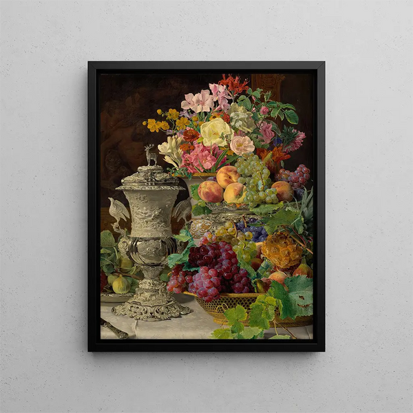 Still life with fruits, flowers, and silver bowl - Ferdinand Georg Waldmüller — framed artwork on a wall