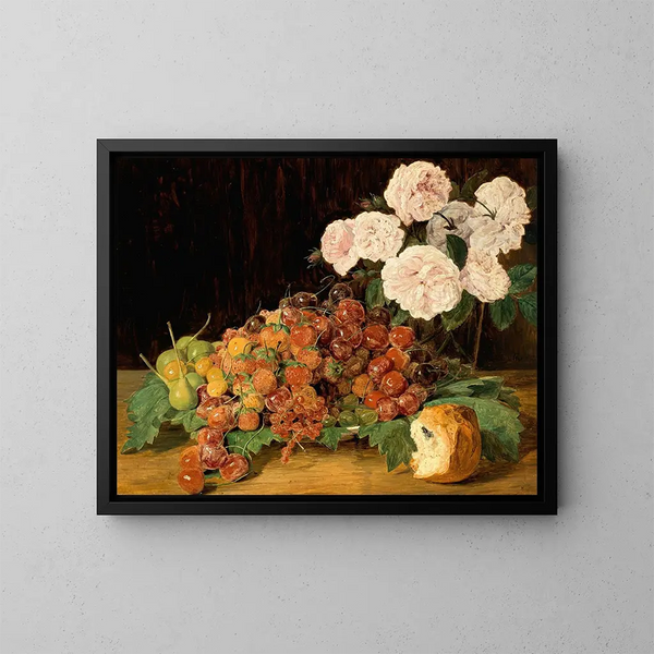 Still life with roses, strawberries, and bread - Ferdinand Georg Waldmüller — framed artwork on a wall