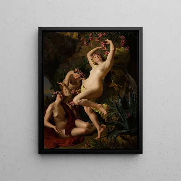 Three Graces crowned with roses - Ferdinand Georg Waldmüller — framed artwork on a wall