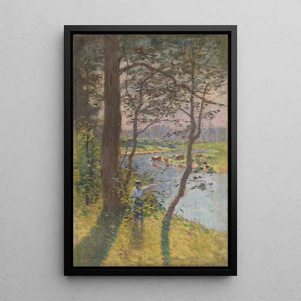 Landscape painting with river and livestock watering - Ferdinand Katona — framed artwork on a wall
