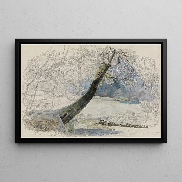 Landscape painting by the lake - Ferdinand Keller — framed artwork on a wall
