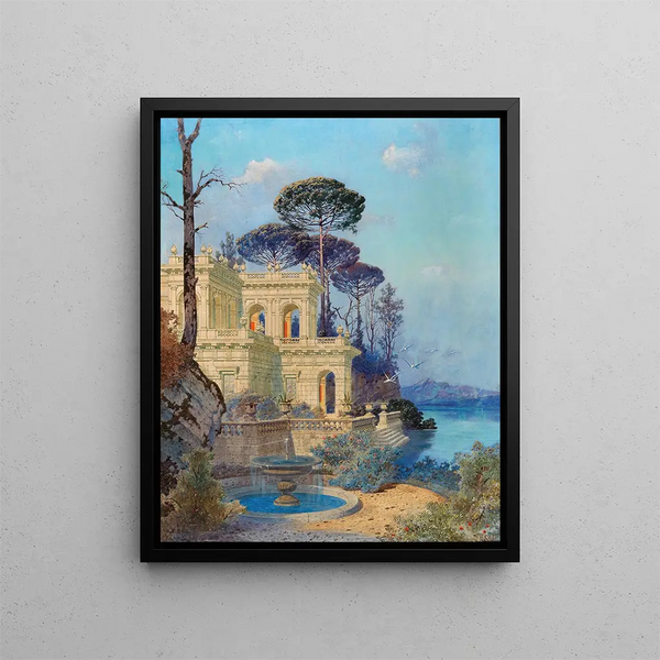Villa at Fontaine by the lake in the foreground - Ferdinand Knab — framed artwork on a wall