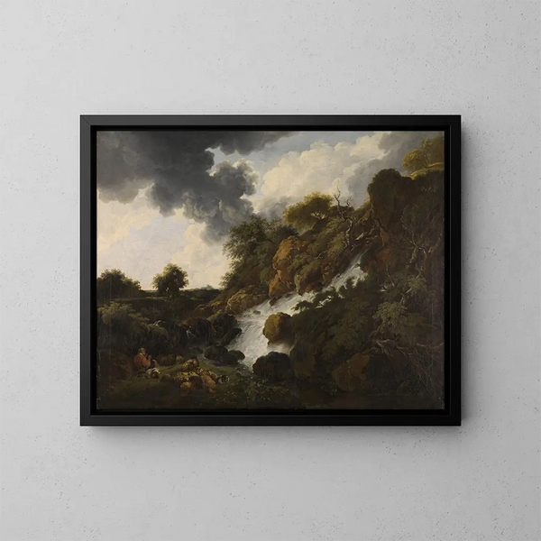 Mountain landscape painting with waterfall - Ferdinand Kobell — framed artwork on a wall