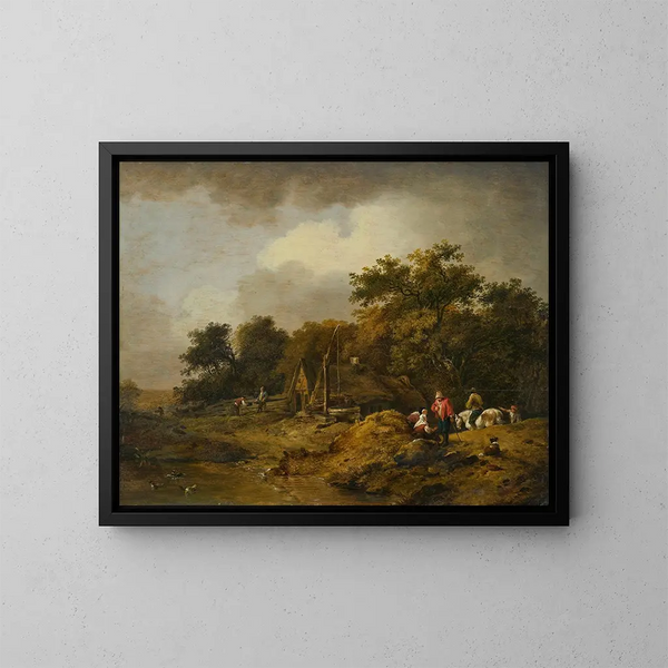 Landscape painting with a hut and a well - Ferdinand Kobell — framed artwork on a wall