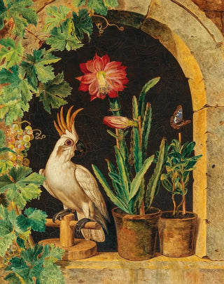 A cockatoo at the window with a flowering cactus and a butterfly - Ferdinand Kuss — artwork view