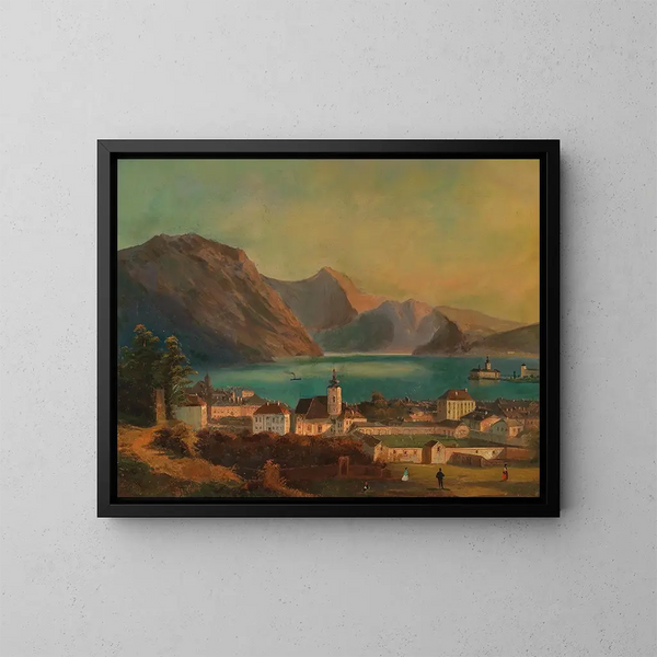 a view of Gmunden with Orth Castle in the background - Ferdinand Lepié — framed artwork on a wall