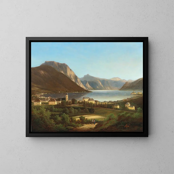View of Gmunden and Ort Castle - Ferdinand Lepié — framed artwork on a wall