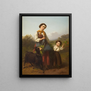 Young shepherdess with child - Ferdinand Marohn — framed artwork on a wall