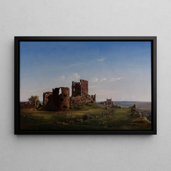 View of the Ruined Castle of Hammershus - Ferdinand Richardt — framed artwork on a wall