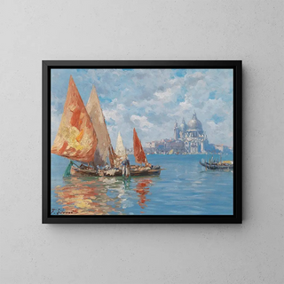 Venice Fishing Boats Painting in front of Santa Maria della Salute - Ferdinando Silvani — framed artwork on a wall