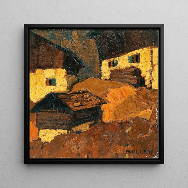 Mountain Farm Painting - Oskar Mulley — framed artwork on a wall