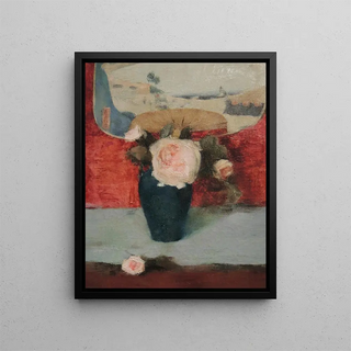 Roses et éventail japonais huile sur toile - Fernand Khnopff — framed artwork on a wall