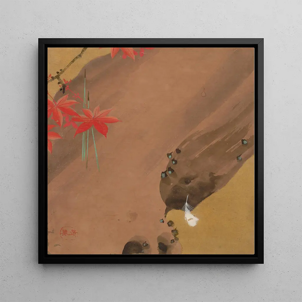 Maple leaves and feather - Shibata Zeshin — framed artwork on a wall