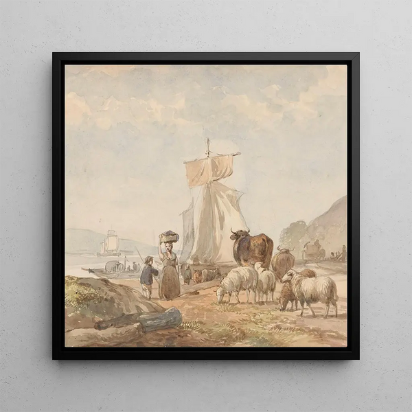 Figures with livestock by the riverbank with a boat - Julius Jacobus van de Sande Bakhuyzen — framed artwork on a wall