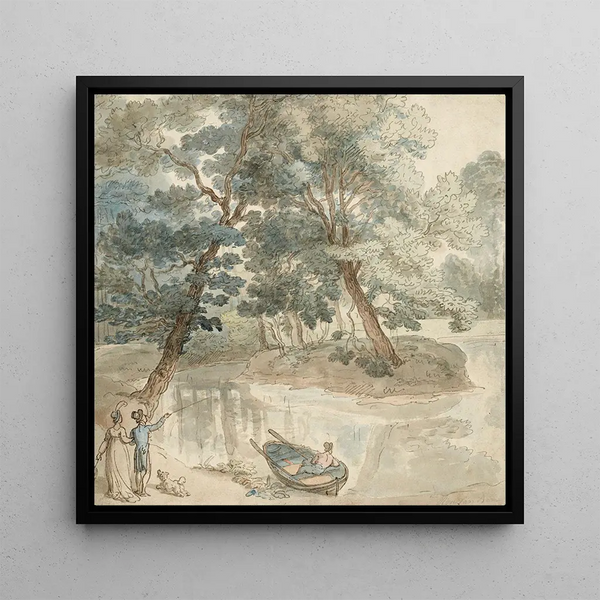 Elegant figures with a dog near a lake - Thomas Rowlandson — framed artwork on a wall