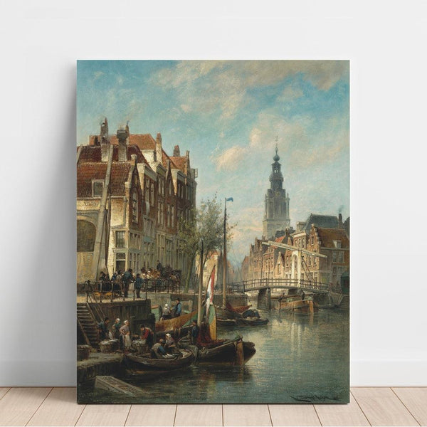 Figures and boats on a canal in Amsterdam with the Zuiderkerk in the background - Cornelis Christiaan Dommelshuizen