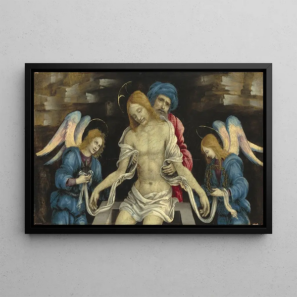 Pietà The Dead Christ wept by Nicodemus and two angels - Filippino Lippi — framed artwork on a wall