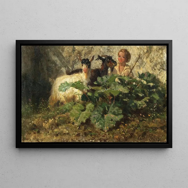 Chevrettes with a Little Shepherd - Filippo Palizzi — framed artwork on a wall