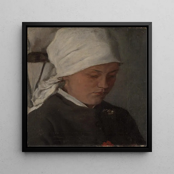 a peasant girl with a white scarf - Wilhelm Leibl — framed artwork on a wall