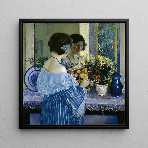 Girl in Blue Arranging Flowers - Frederick Carl Frieseke — wall display of the artwork