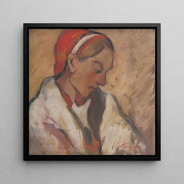 Girl in Red Bonnet - Zolo Palugyay — framed artwork on a wall