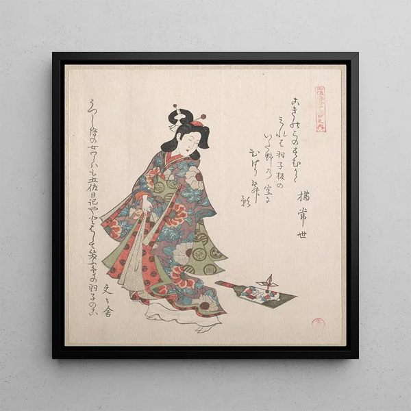 Girl and a Hagoita, battledore and flying Japanese - Kubo Shunman — framed artwork on a wall