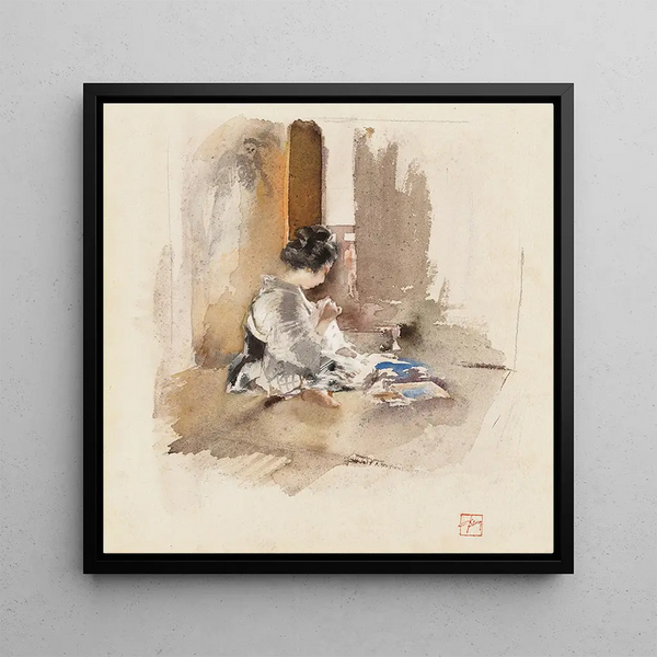 Japanese girl sewing - Robert Frederick Blum — framed artwork on a wall