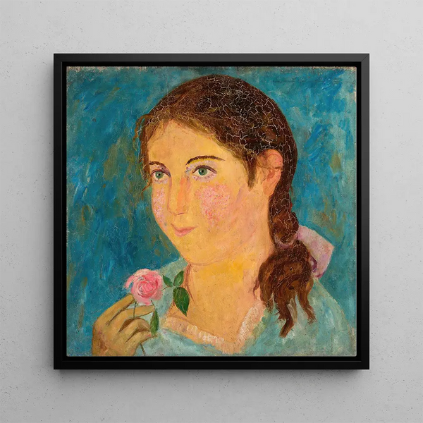 a girl holding a rose in her hand - Tadeusz Makowski — wall display of the artwork