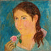 a girl holding a rose in her hand - Tadeusz Makowski — displayed in an interior