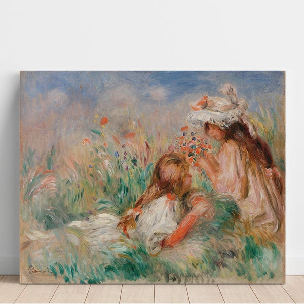 Reproduction of the painting of a lying girl on the grass and a young girl arranging a bouquet - Pierre-Auguste Renoir