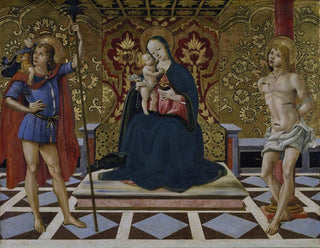 Virgin and Child in Majesty painting surrounded by saints Christopher and Sebastian - Fiorenzo di Lorenzo — artwork view