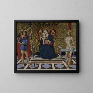 Virgin and Child in Majesty painting surrounded by saints Christopher and Sebastian - Fiorenzo di Lorenzo — framed artwork on a wall