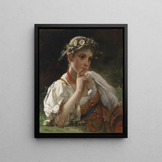 a girl in traditional costume with a flower crown - Firs Sergejevitch Zhuravlev — framed artwork on a wall