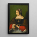 Portrait of a lady with a small dog - Flemish School — framed artwork on a wall