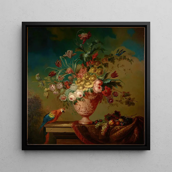 Flowers in a Urn on a Ledge - French School — framed artwork on a wall