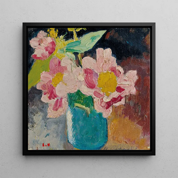 Flowers with yellow hearts blue vase - Louis Valtat — framed artwork on a wall