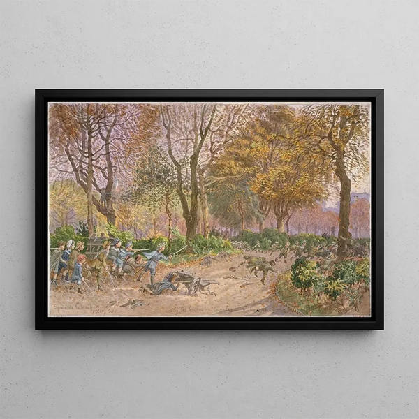 Children playing war in the town hall square of the 14th arrondissement - Félix Brard — framed artwork on a wall