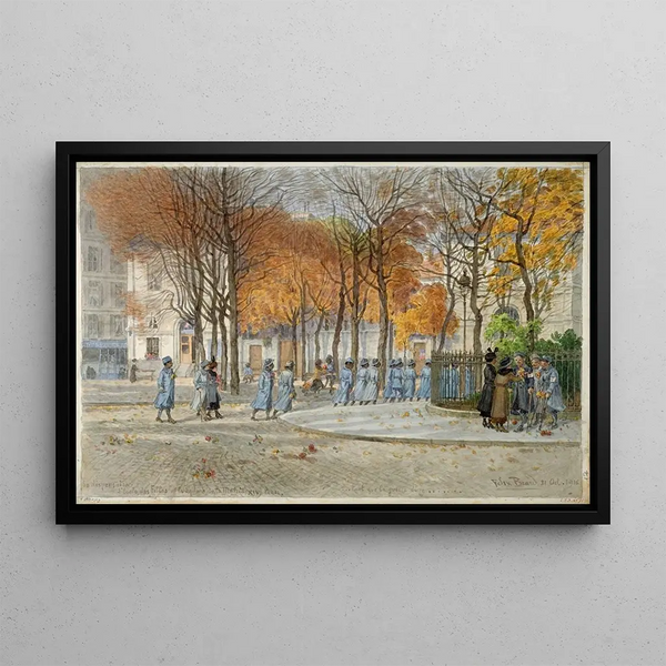 The dispensary, the girls' school, and the town hall square - Félix Brard — framed artwork on a wall