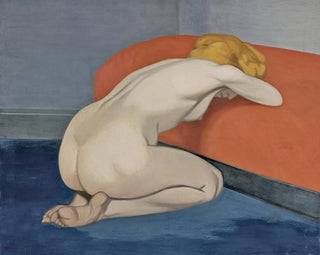 Nude woman kneeling in front of a red sofa - Félix Vallotton — artwork view