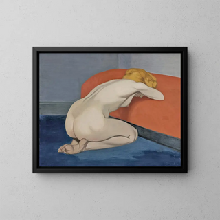Nude woman kneeling in front of a red sofa - Félix Vallotton — framed artwork on a wall