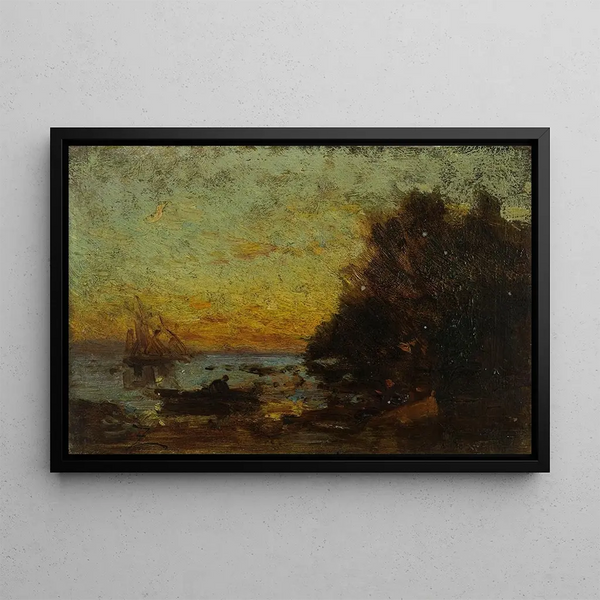 Boat and sailboats at sunset On the back Marine - Félix Ziem — framed artwork on a wall