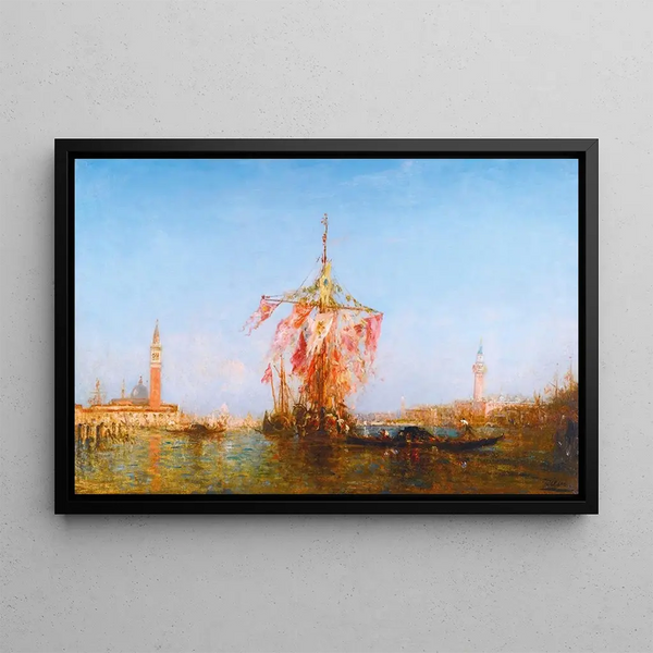 Paved boat on the Venice basin - Félix Ziem — framed artwork on a wall
