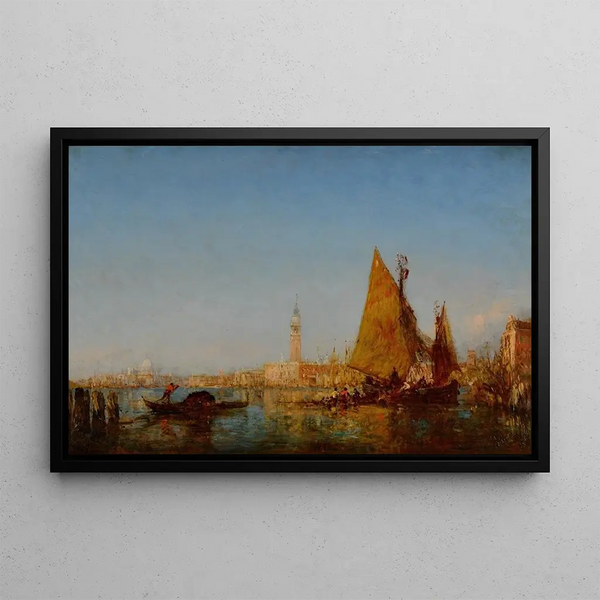 Fishing boats painting in the Bacino, Doge's Palace and the distant Campanile - Félix Ziem — framed artwork on a wall