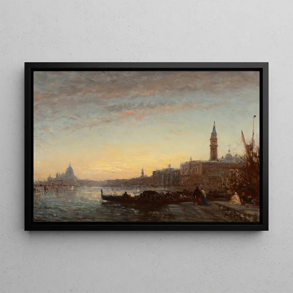 Gondoliers au quai des Esclavons Venise - Félix Ziem — framed artwork on a wall
