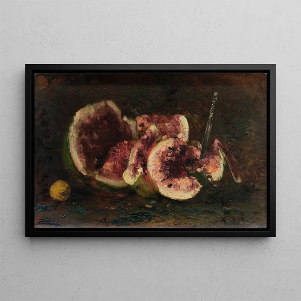 Still life with watermelons and knife - Félix Ziem — framed artwork on a wall