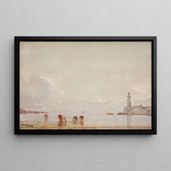 Fishermen collecting shells in Antibes - Félix Ziem — framed artwork on a wall
