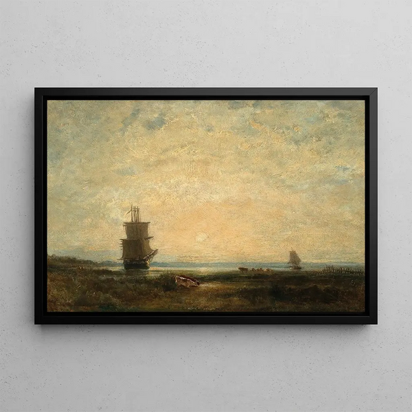 Sailing ships and caravels at sunset painting Holland - Félix Ziem — framed artwork on a wall