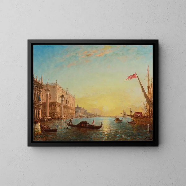 Sunrise painting in front of the Piazzetta and the Doge's Palace, Venice - Félix Ziem — framed artwork on a wall